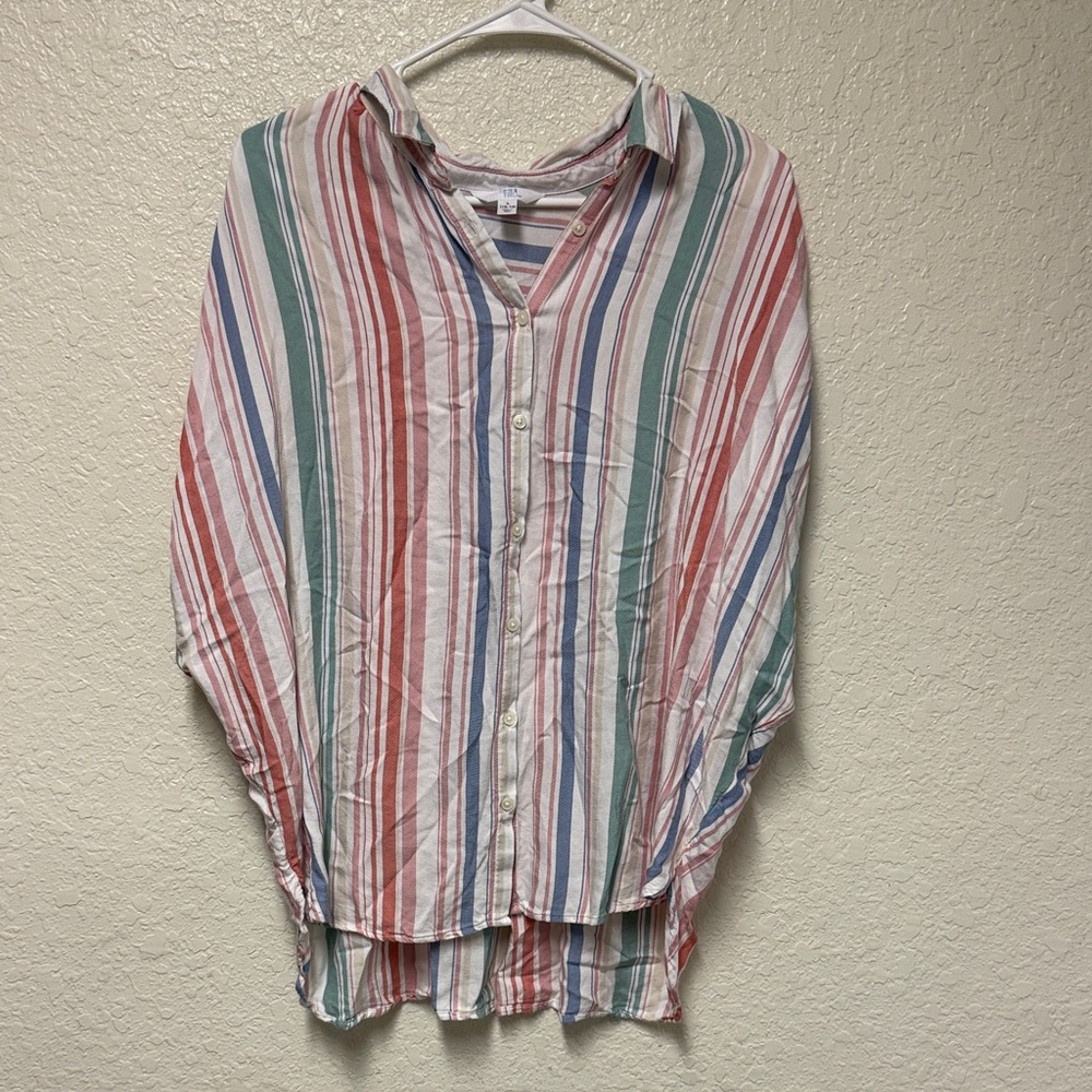 Women’s Short Sleeve Striped Button-Up Shirt Size Large (12-14) *stain noted*